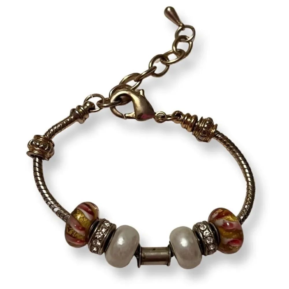 🤯5/$25🤯 Silver Tone Art Glass Rhinestone Pearl Charm Bracelet